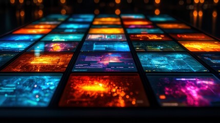 Glowing data screens at night with city lights blur