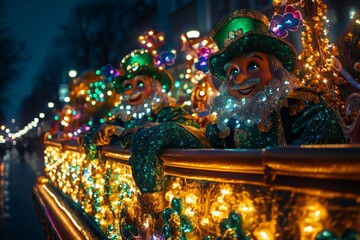 Fototapeta premium Colorful parade float adorned with vibrant lights and cheerful characters during a nighttime celebration