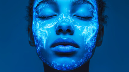 Digital art portrait of a woman with blue glowing circuitry patterns on her face, eyes closed, showcasing a futuristic, technological, and innovative aesthetic.