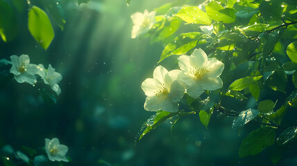 Fototapeta premium Sunlight through leaves, white flowers, rain, nature background