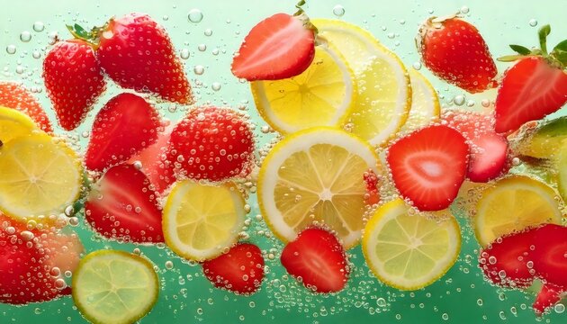 Slices of lemon and fresh strawberries floating in sparkling water
