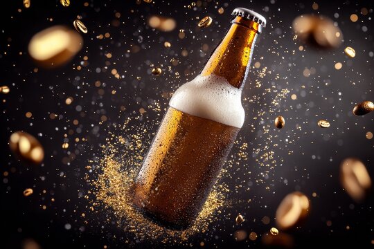 Golden Beer Bottle Splash: A bottle of golden beer explodes with a dynamic splash, sending a shower of glistening droplets across the frame, inviting a sense of exhilaration and celebratory joy.  