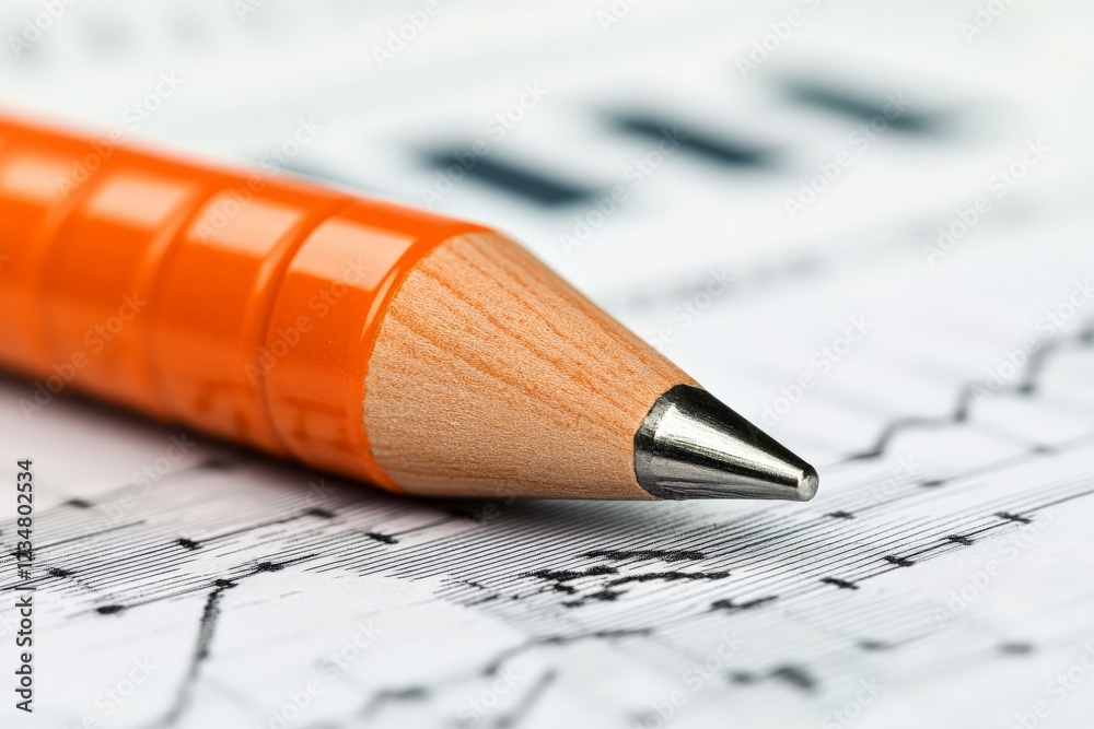 Fototapete close-up of an orange pencil resting on a financial report with graphs and data for analysis