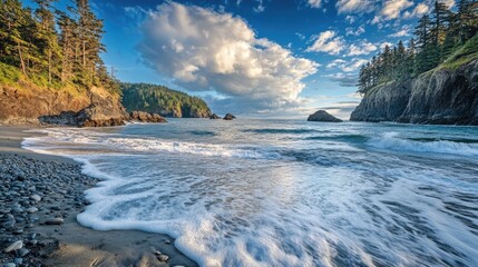 Seascape view with rocky cliffs, gentle waves, and puffy white clouds, scenic beach