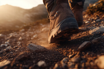 Hiking boots on a rocky trail at sunset.