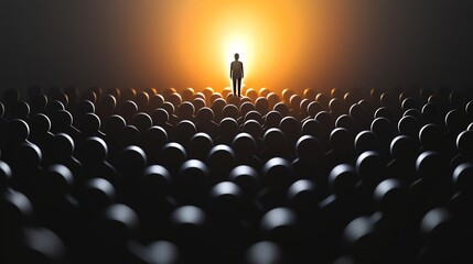 Obraz premium Standing Out From The Crowd: A lone silhouette stands tall amidst a sea of indistinguishable orbs, bathed in a warm, ethereal glow. The image evokes a sense of individual strength and resilience.