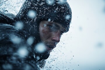 Adventurer fights against powerful waves while surfing in stormy weather at a rugged coastline