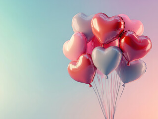 Floating red and pink heart balloons on a soft pastel gradient background
