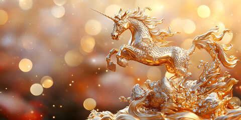 Golden Dragon Statue with Glowing Bokeh Lights

