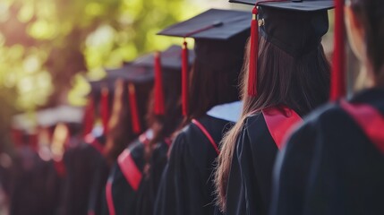 Back view of graduates in academic gowns with red tassels