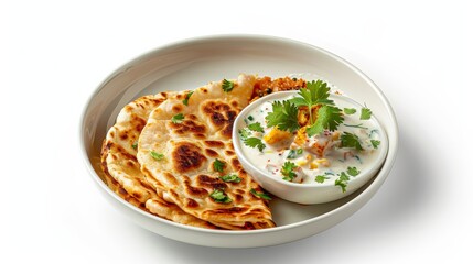 Indian Flatbread with Raita: A close-up of delicious, freshly baked Indian flatbread with a side of creamy yogurt raita, garnished with fresh cilantro. The soft, golden-brown bread and the tangy.