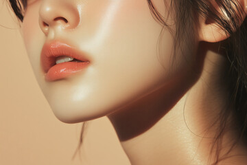 Fototapeta premium Close-up of a woman's face, sunlit skin.