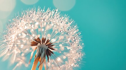 Close-up of a Dew-Covered Dandelion Seed Head Against a Teal Background