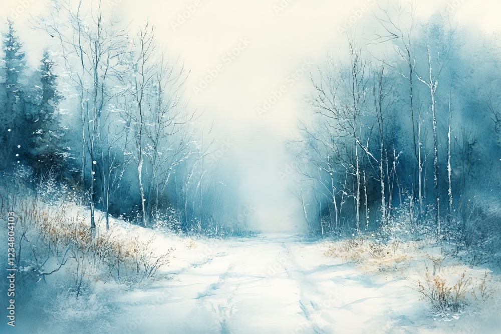 Poster Winter landscape with tranquil snow-covered path surrounded by trees in soft light