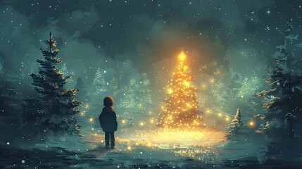 Fototapeta premium flat design, illustration, A Magical Christmas Eve A young boy experiences an enchanted Christmas night. Illustration: Snow-covered streets, a glowing Christmas tree