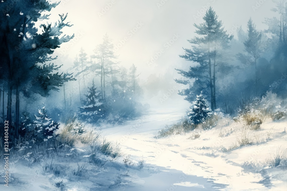 Poster snowy winter landscape with evergreen trees and misty atmosphere in a serene outdoor setting