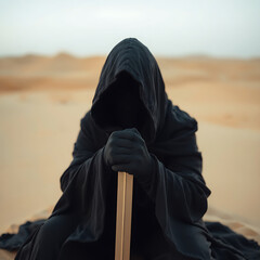 Mysterious figure in a desert holding a sword.

