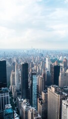 A sprawling cityscape viewed from above, showcasing a dense collection of skyscrapers.