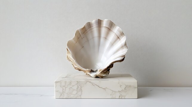 Sea shell on marble block; studio decor or art use
