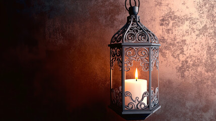 vintage ornate metal candle lantern with intricate filigree design for interior decor and ambient lighting against a textured dark background