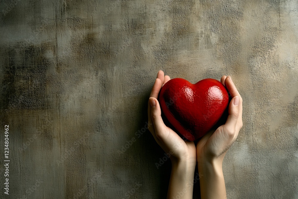 Poster hands holding a red heart symbol against a textured background expressing love and connection