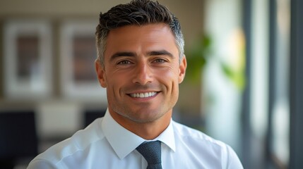Fototapeta premium Portrait of smiling businessman wearing white shirt and tie in office
