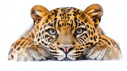 Obraz premium Majestic Leopard Staring Intently Against White Background