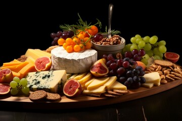 Assortment of cheeses, fresh fruits, nuts, and crackers arranged on a wooden board, creating a visually appealing and delicious snacking experience