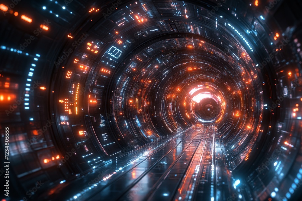 Aufkleber futuristic tunnel illuminated with vibrant lights and digital patterns at night