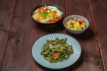 Jewish food tzimmes, chelnt, shakshuka and couscous