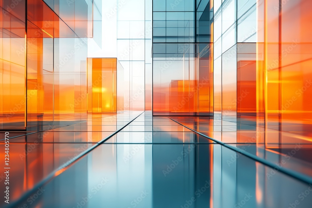 Aufkleber Modern architectural design features colorful glass structures casting reflections in a vibrant urban environment during sunset
