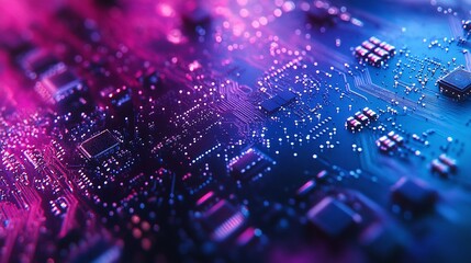 Obraz premium futuristic blue and purple processor board with integrated microchip architecture, representing the innovation of modern hardware for advanced information processing in technology devices