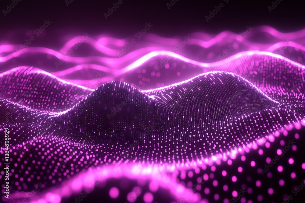 Poster vibrant digital landscape with glowing pink waves representing sound waves and data flow at night