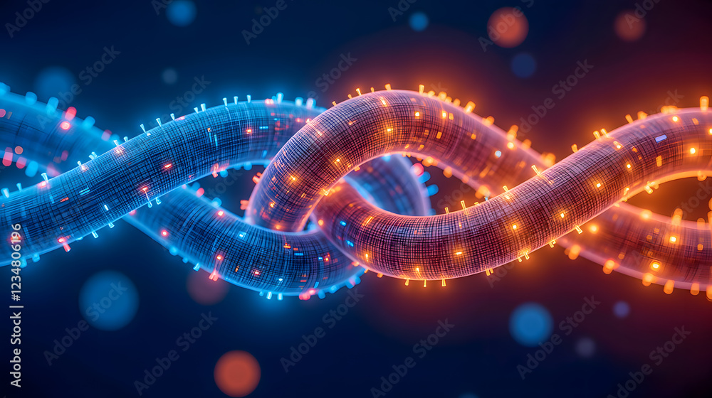 Poster abstract 3d illustration of twisting colorful strands with glowing nodes and soft bokeh background f