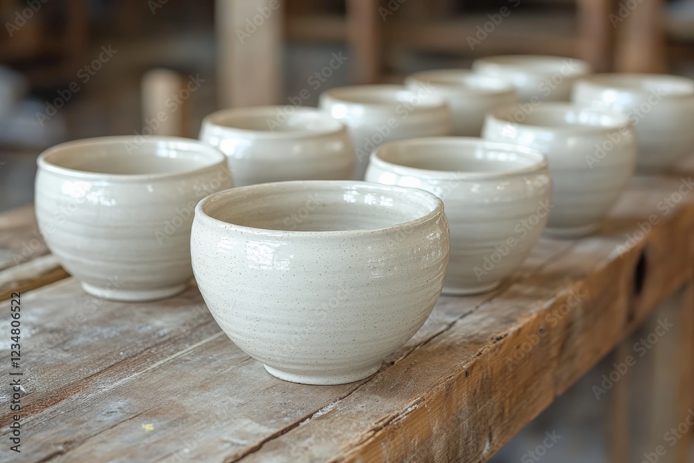Poster Beautiful handmade ceramic bowls arranged on a rustic wooden table in a pottery studio during daylight hours