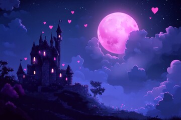 Naklejka premium Moonlit castle surrounded by hearts in a mystical night sky over a serene landscape