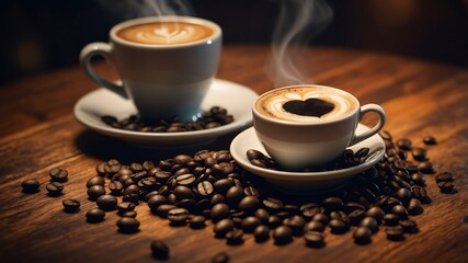 Obraz premium Two Cups of Coffee with Roasted Beans on Wooden Table for Branding and Design