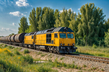 Fototapeta premium Freight train with black tanks with oil