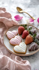 Pastel heart cookies and chocolate dipped strawberries arranged on white plate, surrounded by scattered rose petals and gleaming golden spoon, presenting romantic valentine's dessert setting