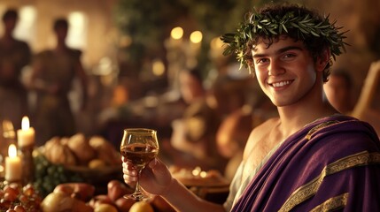 smiling portrait of an ancient roman emperor at a banquet