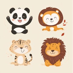 Happy animals sitting, autumn leaves background, cute illustration, kids' decor