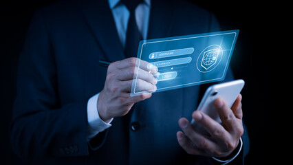 When a businessman has a cell phone, his account is safe. The notion involves fraud, internet security risks, and hacking a Phishing mobile phone using a password for access to a smartphone.