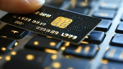 Hand holds card over keyboard for online purchase on laptop