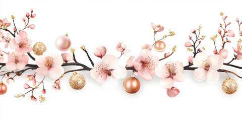 Obraz premium Beautiful floral arrangement with pink blossoms and decorative ornaments, perfect for festive occasions. delicate flowers and shiny baubles create charming atmosphere