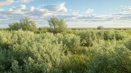 Scenic landscape with green shrubs and a vast open field under a cloudy sky