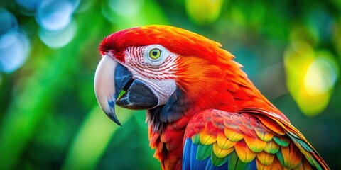Obraz premium A Scarlet Macaw's Profile, Showcasing Its Vibrant Red, Yellow, and Blue Feathers Against a Blurred Green Background