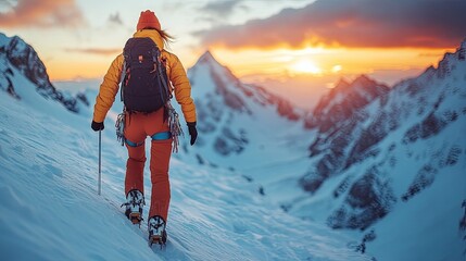 Woman hikes up snow-covered mountain with sunset on the horizon in the distance