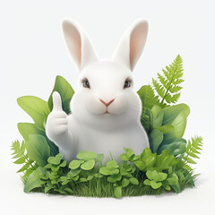 Funny white bunny with thumb up in green plants