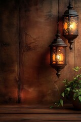 Two Ornate, Lit Lanterns Hang Against A Rustic Wooden Wall, Casting A Warm Glow. A Potted Plant Sits On A Dark Wooden Table.