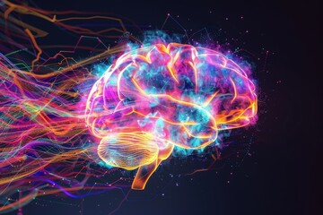 Fractal inspired brain illustrating colorful energy waves and neuroplasticity thought patterns